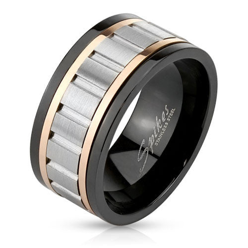 3-tone black ring with rose gold accents & stainless spinning band | Wholesale stainless steel rings - Jewelry