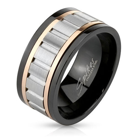 3-tone black ring with rose gold accents & stainless spinning band | Wholesale stainless steel rings - Jewelry