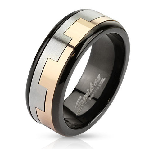 Tri-tone black stainless steel ring with two-tone gear toothed spinning band. Wholesale Jewelry