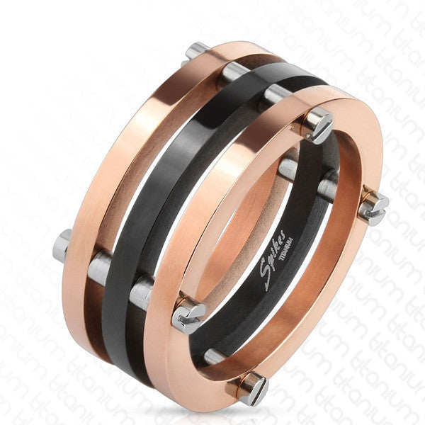 Tri-tone post connected triple titanium ring in black & rose gold | Wholesale Titanium Jewelry | Small photo