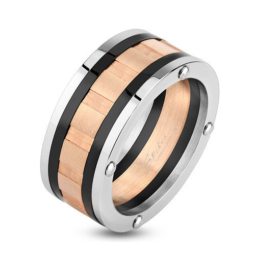 Tri-tone stainless steel ring with grooved center band | Wholesale stainless steel rings - Jewelry | Small photo