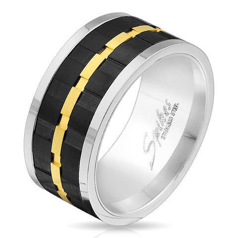 Tri-tone ring with black and gold spinning gears | Wholesale stainless steel rings - Jewelry | Main photo