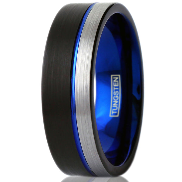 3-tone black tungsten ring w/ cobalt blue inner band & silver edge stripe | Discount tungsten rings -wedding bands | White photo