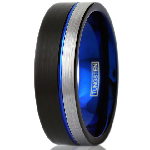 3-tone black tungsten ring w/ cobalt blue inner band & silver edge stripe | Discount tungsten rings -wedding bands | White photo