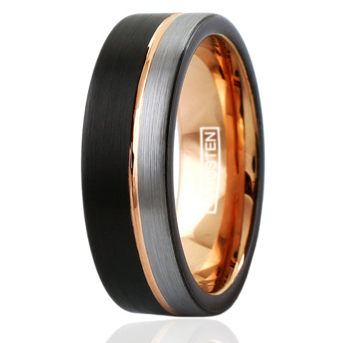 3-tone black tungsten ring w/ rose gold inner band & silver edge stripe | White photo