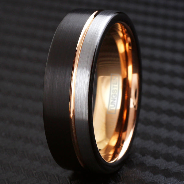 3-tone black tungsten ring w/ rose gold inner band & silver edge stripe | Upright black photo