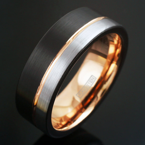 3-tone black tungsten ring w/ rose gold inner band & silver edge stripe | Black photo