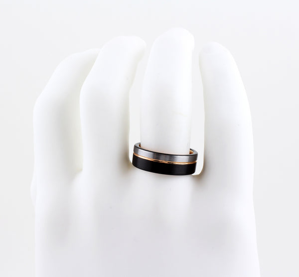 3-tone black tungsten ring w/ rose gold inner band & silver edge stripe | Hand photo
