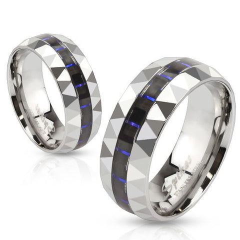 Faceted stainless steel ring with black / blue carbon fiber inlay | Wholesale stainless steel rings - Jewelry