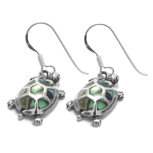 Turtle with abalone turtle shell hanging hook earrings | Wholesale 925 Sterling Silver Jewelry | Item photo