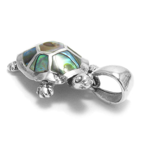 Amazingly cute turtle with abalone turtle shell pendant | Wholesale 925 Sterling Silver Jewelry | Side view photo
