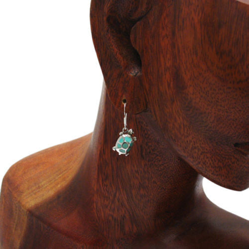 Turtle with blue turquoise turtle shell hanging hook earrings | Wholesale 925 Sterling Silver Jewelry | Alternate photo