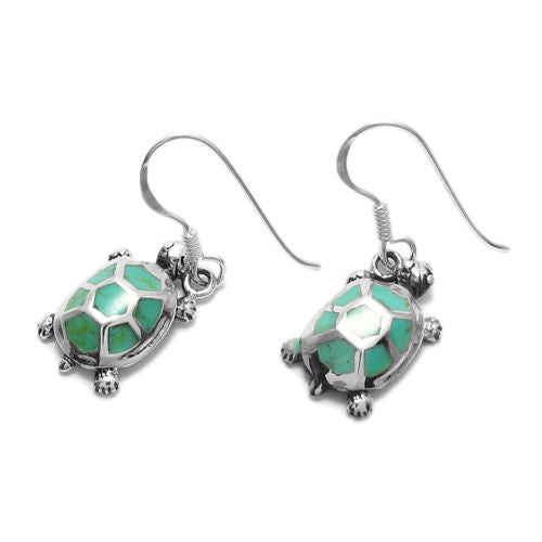 Turtle with blue turquoise turtle shell hanging hook earrings | Wholesale 925 Sterling Silver Jewelry | Item photo
