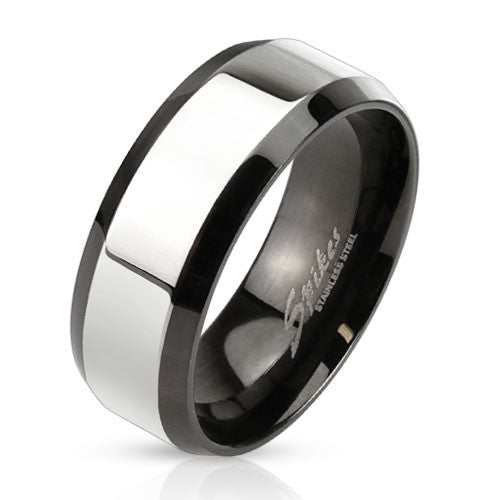 Two tone polished black ring with mirror polished band and beveled edges | Wholesale Jewelry | Main photo