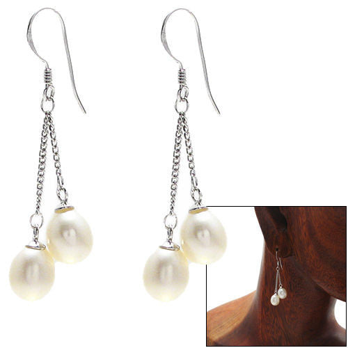 Twin oval freshwater pearls on chains dangling earrings | Wholesale 925 Sterling Silver Jewelry | Combo photo