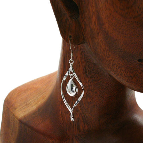 Twisting leaf shaped hanging hook earrings w/ danging teardrop | Wholesale 925 Sterling Silver Jewelry | Alternate photo