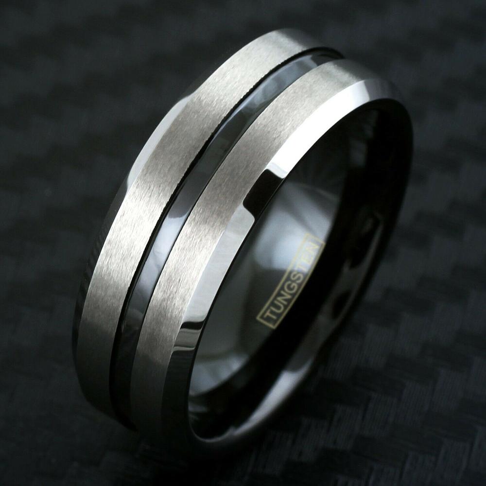 Brushed Finish Silver Tungsten Ring w/ Polished Black Recessed