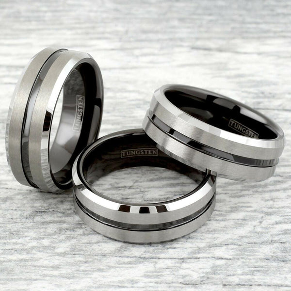 Silver tungsten ring - Polished black recessed stripe & Inner Band - Wholesale tungsten rings - wedding bands - Group photo