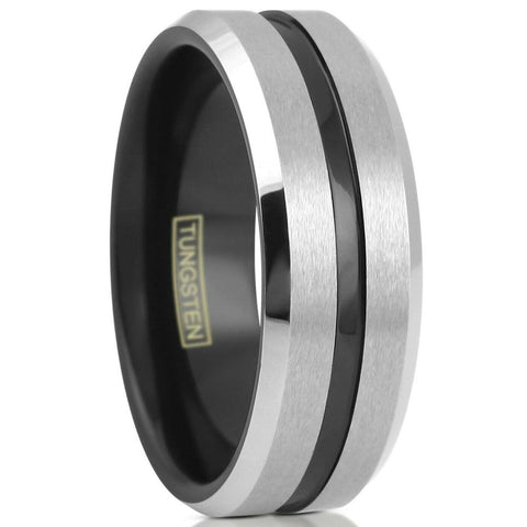 Silver tungsten ring - Polished black recessed stripe & Inner Band - Wholesale tungsten rings - wedding bands - Main photo