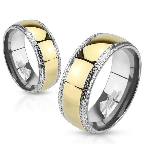 Two-tone gold & polished stainless steel ring with crosshatch edges | Wholesale stainless steel rings - Jewelry