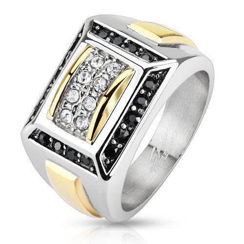 Two-tone stainless steel signet ring with clear and black CZs | Wholesale stainless steel rings - Jewelry