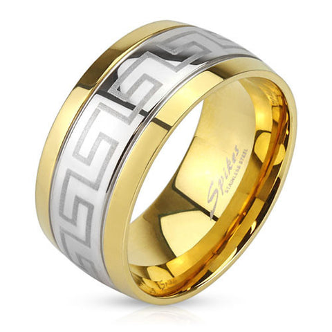 Two-tone 14K gold ion plated stainless steel ring with Greek key engraved band | Wholesale Jewelry