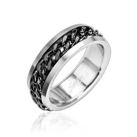 Two-tone band with trapped spinning black Cuban link chain | Wholesale stainless steel rings - Jewelry