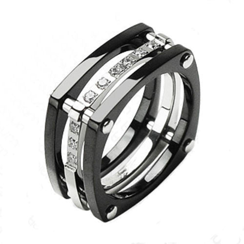 Two-tone black & mirror polished post connected titanium triple ring with CZs | Wholesale Wedding Bands | Jewelry