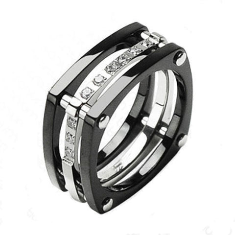 Two-tone black & mirror polished post connected titanium triple ring with CZs | Wholesale Wedding Bands | Jewelry