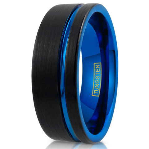 2-tone black tungsten ring w/ sapphire blue inner band & off-center stripe | White photo