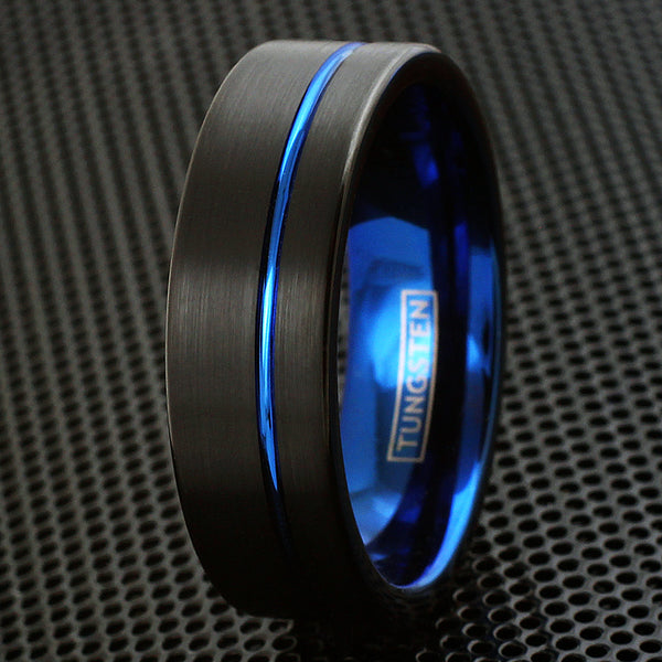 2-tone black tungsten ring w/ sapphire blue inner band & off-center stripe | Grill photo