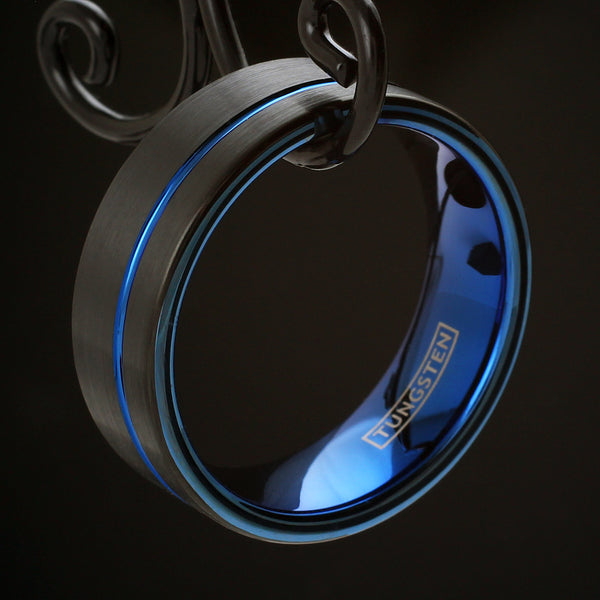 2-tone black tungsten ring w/ sapphire blue inner band & off-center stripe | Hook photo