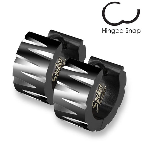 Black hinged hoop huggie earrings with claw mark facets | Wholesale 316L Stainless Steel Jewelry | Main photo