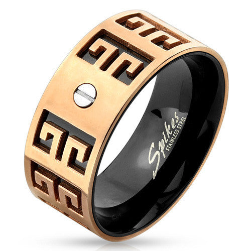 Two-tone black stainless steel ring | Greek key on rose gold band | Wholesale Jewelry | Alternate photo