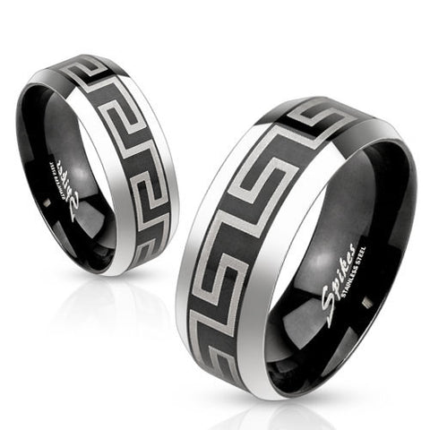 Two-tone black stainless steel ring with chamfered edges and Greek key engraving | Wholesale Jewelry