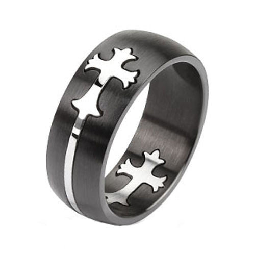 Two-tone black ring with mirror polished french cross cutout fit into the band | Wholesale Jewelry