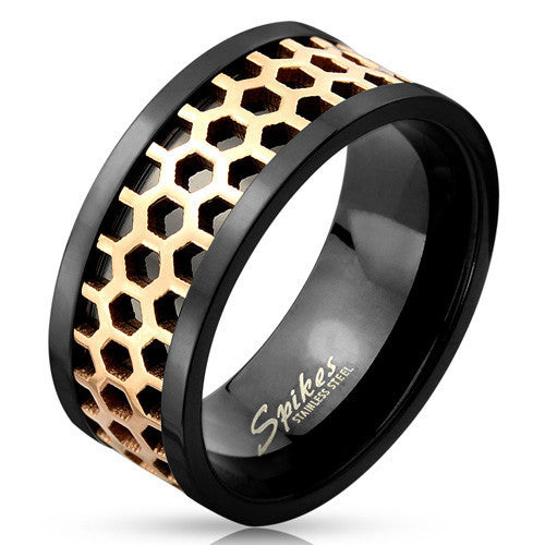 Two-tone black ring with rose gold honeycomb inlay | Wholesale stainless steel rings - Jewelry | Alternate photo