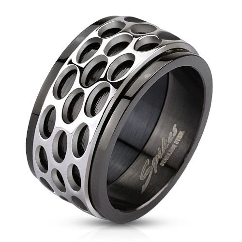 Black stainless steel ring with oval cutout spinning band | Wholesale 316L stainless steel rings - Jewelry