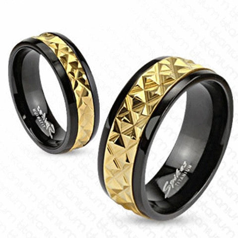 Two-tone black titanium ring with gold plated pyramid spike center band | Wholesale Rings | Wedding Bands