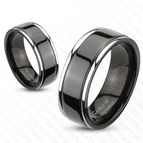 Two-Tone Black Titanium Ring with Black Band Between Thin Grooved Mirror Finish Edges. Couple Ring