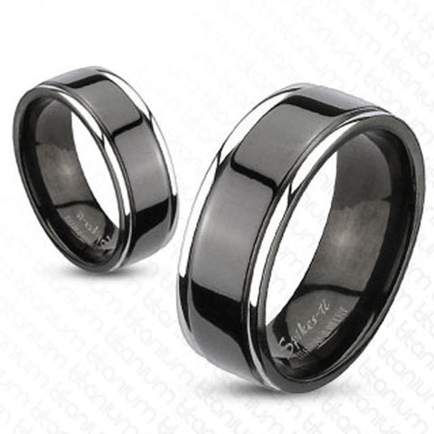 Two-Tone Black Titanium Ring with Black Band Between Thin Grooved Mirror Finish Edges. Couple Ring