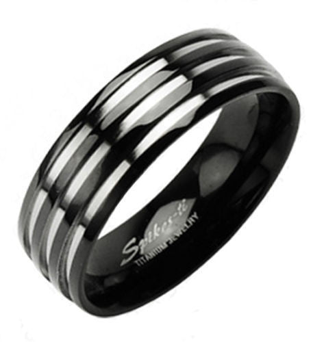 Two-tone black titanium ring with three mirror polished racing stripes | Wholesale Titanium Rings | Wedding Bands