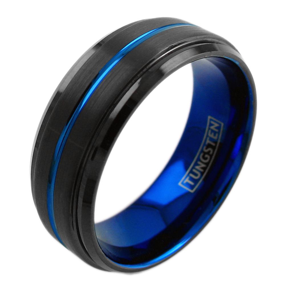Stepped Inner Edge Black Tungsten Ring w/ Blue Recessed Stripe Inner Band & Stepped Edges ...