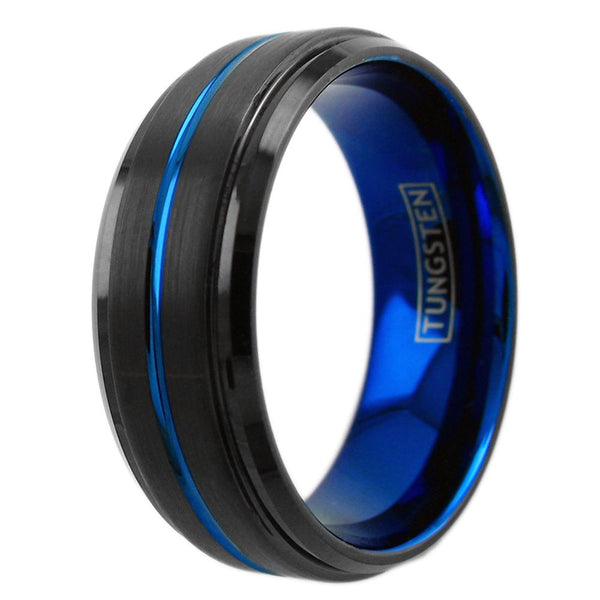 Black tungsten ring, cobalt blue inner band & recessed stripe | Wholesale tungsten rings - wedding bands | Upright photo