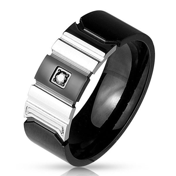 Black stainless steel tuxedo ring with black CZ two-tone insert | Wholesale Jewelry | Standard photo