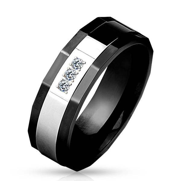 Two-tone stainless steel tuxedo ring with mirror polished band & three CZs | Wholesale Jewelry | Main photo