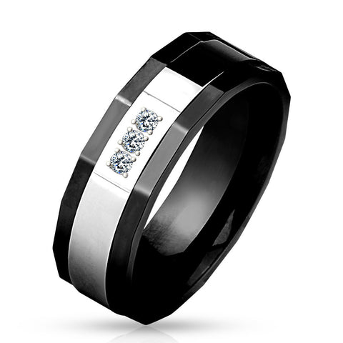 Two-tone stainless steel tuxedo ring with mirror polished band & three CZs | Wholesale Jewelry | Main photo