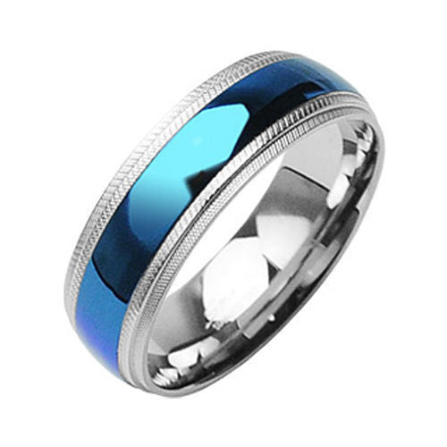 Blue band with natural stainless steel milgrained edges | Wholesale stainless steel rings - Jewelry | Main photo