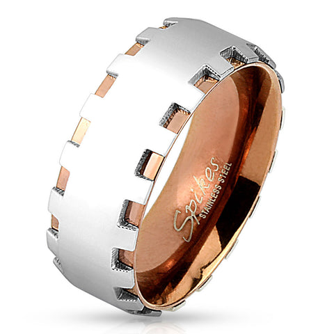 Two-tone coffee colored stainless steel ring with mirror polished gear toothed band | Wholesale Jewelry
