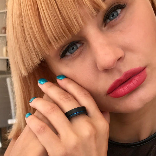 Awesome Two-Tone Black Flat Band Tungsten Carbide Flat Band Ring w/ Sapphire Blue Inner Band & Recessed Thin Blue Line Stripe.